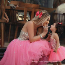 Gorgeous Pink Tulle Rhinestones Bodice Short Mather and Daughter Matching Outfits Evening Dress